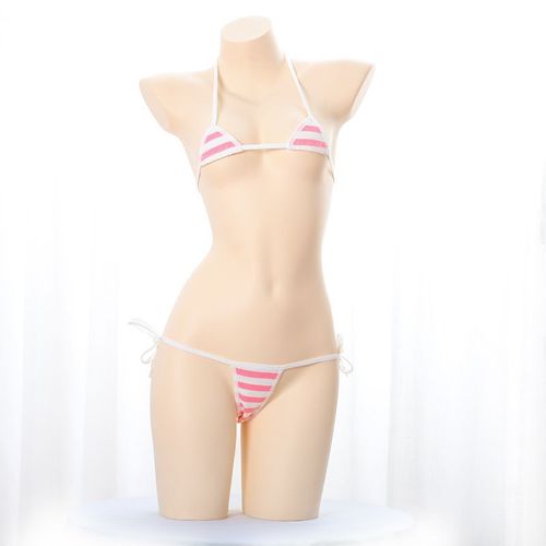 Lingerie Japonaise Sexy Lolita Kawaii,Mini Bikini Rayé Bleu Rose Blanc,Costumes Érotiques Cosplay Pour Adultes,Soutien-Gorge,Ensemble De Sous-Vêtements Pour Femmes