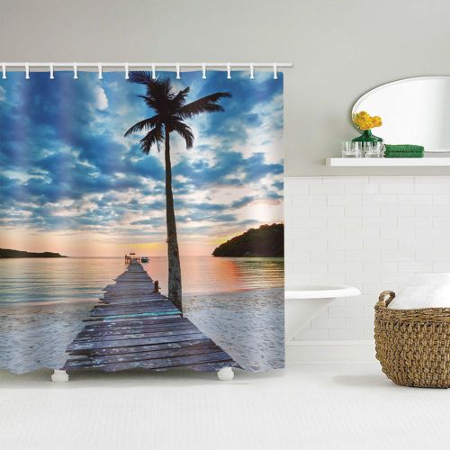 HJLIAN Rideau de douche impermeable en polyester avec motif bord de mer et crochets de suspension