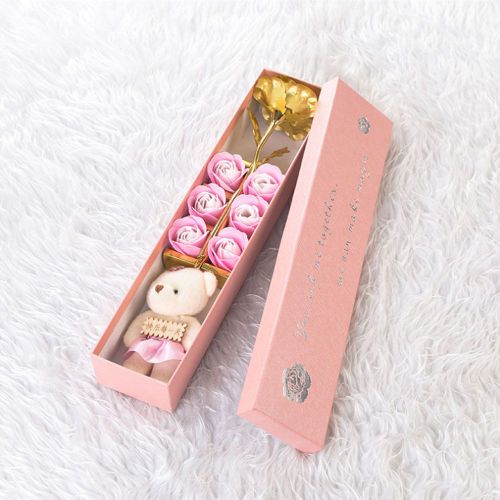 HJLIAN Rose plaquee or 24 carats + ours en peluche, cadeau romantique pour la Saint-Valentin avec boite (or)