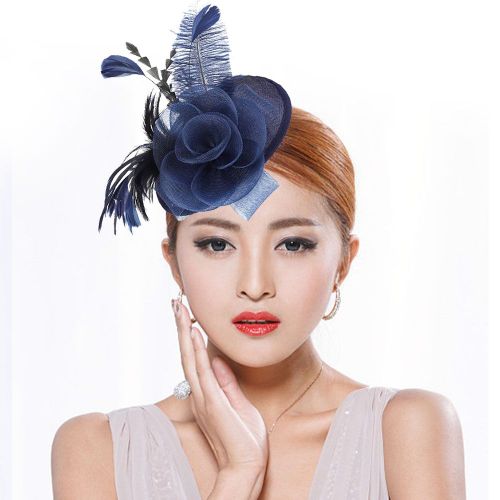 Hjlian Chapeau De Mariage Elegant En Plumes D'autruche Pour Femme, Decoration De Fete (Bleu Marine)
