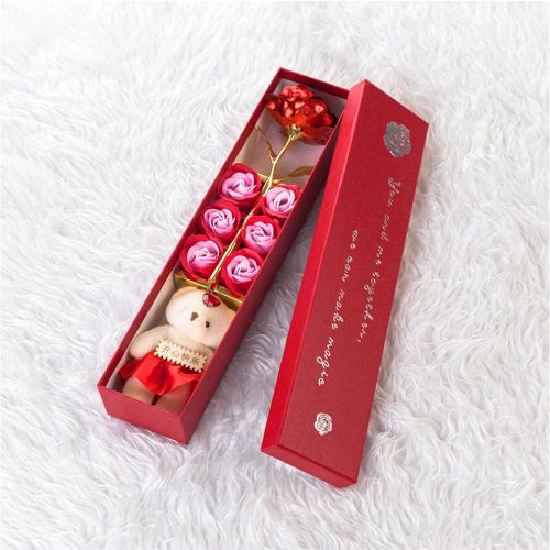 HJLIAN Rose plaquee or 24 carats + ours en peluche, cadeau romantique pour la Saint-Valentin avec boite (rouge)