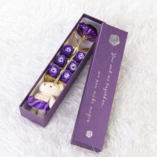 HJLIAN Rose plaquee or 24 carats + ours en peluche, cadeau romantique pour la Saint-Valentin avec boite (violet)