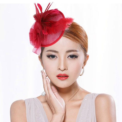 Hjlian Chapeau De Mariee Elegant En Plumes D'autruche Pour Femme, Decoration De Fete (Rouge Bordeaux)