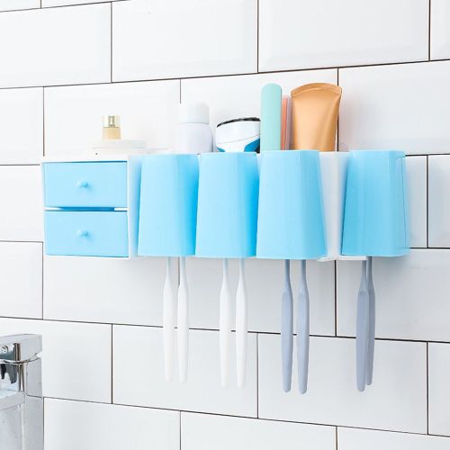 HJLIAN Porte-brosses a dents adhesif mural avec tiroirs a double couche (bleu)
