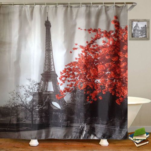 HJLIAN Rideau de douche impermeable a motif de tour et d'arbre, 180 x 180 cm, avec crochet de suspension