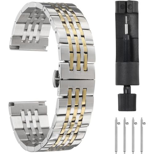 Eryi-Bracelets De Montre En Acier Inoxydable 22mm Double Pression Fermoir Papillon En Métal, Chaîne En Acier Massif, Bracelet De Rechange Avec Extrémités Incurvées, Argent Or