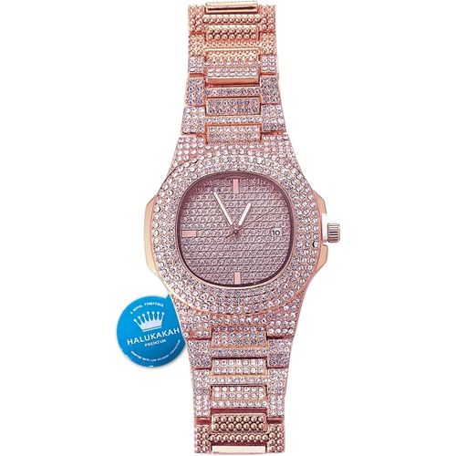 Eryi-Montre En Or Avec Diamants Iced Out,Homme Quartz Plaqué Or Véritable 18 Carats/Plaquée Or Blanc Platine 24cm,Avec Chaîne Cubaine Bracelet 20cm + Collier 45cm,Coffret Cadeau Gratuit