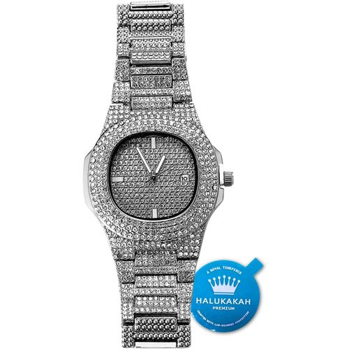 Eryi-Montre En Or Avec Diamants Iced Out,Homme Quartz Plaqué Or Véritable 18 Carats/Plaquée Or Blanc Platine 24cm,Avec Chaîne Cubaine Bracelet 20cm + Collier 45cm,Coffret Cadeau Gratuit