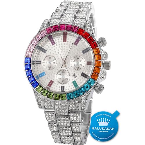 Eryi-Montre En Or Multicolore Diamants,Homme Or Véritable 18k/Or Rose/Plaqué Platine Or Blanc 40mm Largeur Blanc Cadran Quartz Avec Chaîne Cubains Bracelet Collier,Boîte Cadeau Gratuite