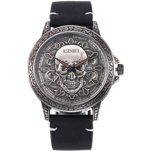Eryi-Montre Crâne Pour Homme ¿ Cadran Audacieux De 45 Mm, Motif Tête De Mort Complexe, Mouvement À Quartz, Bracelet En Cuir, Résistant À L'eau Jusqu'à 30 M, Boîtier En Alliage Robuste, Style Gothique