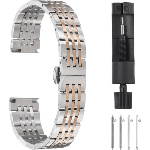 Eryi-Bracelets De Montre En Acier Inoxydable 16mm Double Pression Fermoir Papillon En Métal, Chaîne En Acier Massif, Bracelet De Rechange Avec Extrémités Incurvées, Rose D'argent