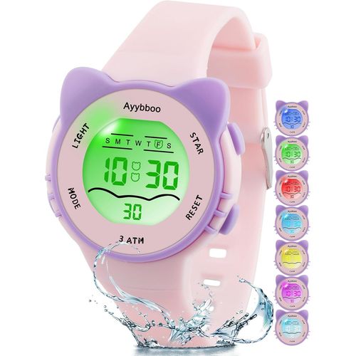 Kalanka-Montre Enfant,7 Lumières De Couleur Montre Pour Fille Garçon,Montre Digitale Enfant Pour Enfants Avec Motif De Chat,3atm Etanche/Quartz/Bracelet Souple Pour 4-12