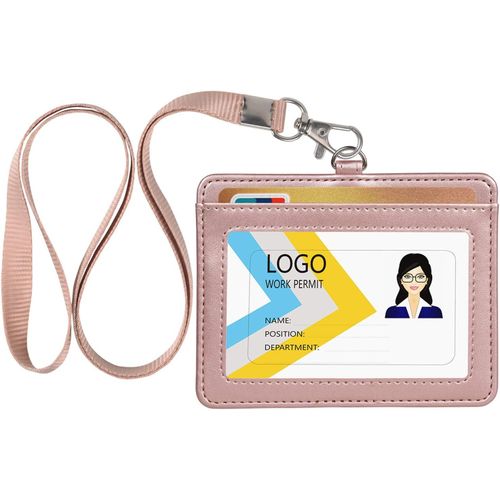 KALANKA-Porte Badge Tour de Cou, Fabriqué en Cuir PU, Avec Fenêtre Transparente, 2 Emplacements pour Cartes, Or Rose