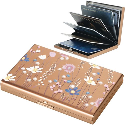 KALANKA-® Porte Carte de Crédit, Fin Portefeuille de Carte de Crédit en Métal avec Blocage RFID avec 6 Fentes, pour Hommes et Femmes.(6 Cartes/Or Rose/Fleur)