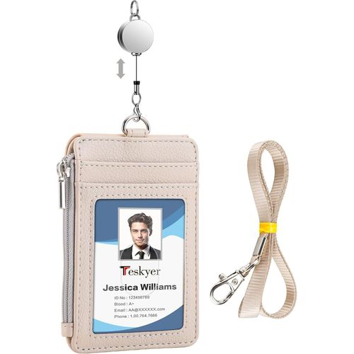 Kalanka-Porte Badge Tour De Cou - Avec Cordon Rétractable, Cuir Pu, 4 Emplacements Pour Cartes, Porte Carte Avec Poche À Glissière, Design Vertical, Beige