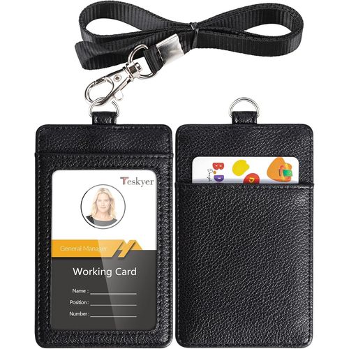 Kalanka-Porte Badge, Porte Badge Tour De Cou, 2 Emplacements Pour Cartes, En Cuir Pu, Avec Effacer La Fenêtre Longe En Nylon, Noir