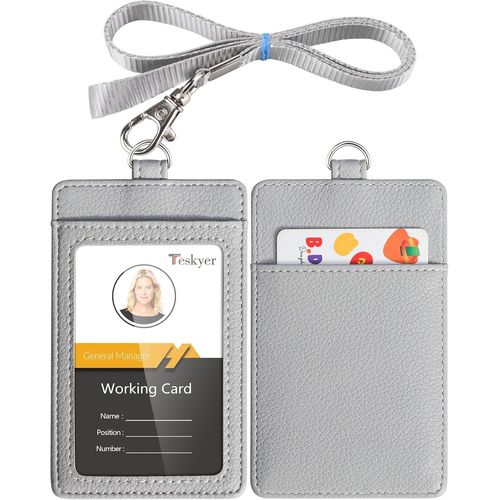 KALANKA-Porte Badge, Porte Badge Tour de Cou, 2 Emplacements pour Cartes, en Cuir PU, avec Effacer la Fenêtre Longe en Nylon, Clair Gris