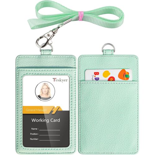 Kalanka-Porte Badge, Porte Badge Tour De Cou, 2 Emplacements Pour Cartes, En Cuir Pu, Avec Effacer La Fenêtre Longe En Nylon, Vert Aqua