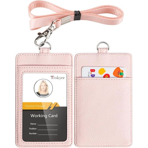 KALANKA-Porte Badge, Porte Badge Tour de Cou, 2 Emplacements pour Cartes, en Cuir PU, avec Effacer la Fenêtre Longe en Nylon, Pâle Rose