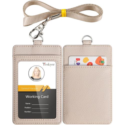 Kalanka-Porte Badge, Porte Badge Tour De Cou, 2 Emplacements Pour Cartes, En Cuir Pu, Avec Effacer La Fenêtre Longe En Nylon, Beige
