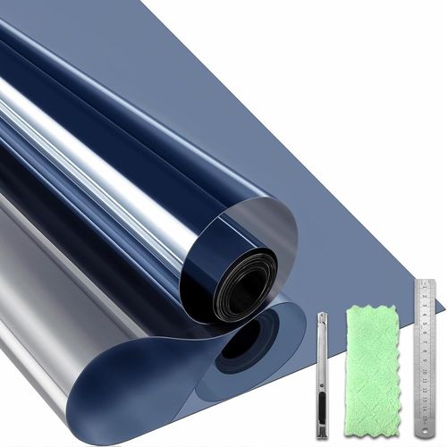 KALANKA-Film Fenêtre Anti-Regard, Film Miroir pour Fenêtre sans Tain, Anti-UV Anti Chaleur Protection Solaire Non Adhésif Film Électrostatique Vitre pour Maisons et Bureaux¿Bleu-Argent, 44.3x200cm¿
