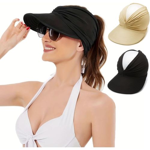 Kalanka-2 Pcs Casquette Visière Femme, Chapeau De Soleil Plage, Chapeau De Voyage Plage De Protection Solaire À Large Bord, Été No Top Mode Grande Visiere