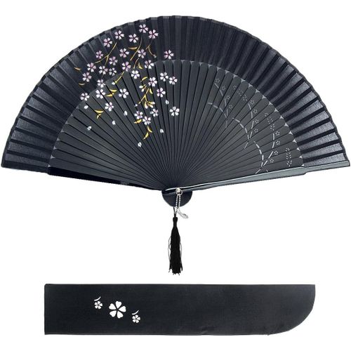 KALANKA-Eventail Style Japonais Motif de Sakura pour Noël Fête Théâtre Mariage Cadeau Fête Festivals Anniversaires (Noir)