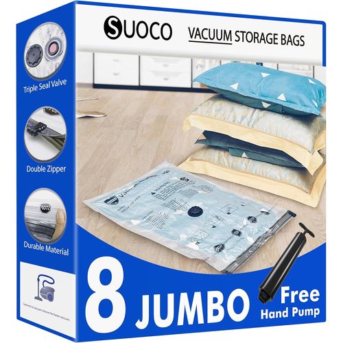 KALANKA-Sacs de Rangement Sous Vide 8 Jumbo avec Pompe à Main de Voyage - Sacs de Compression Étanches Gain de Place pour Vêtements, Literie, Couettes, Grands Sacs Sous Vide pour Maison/Voyage