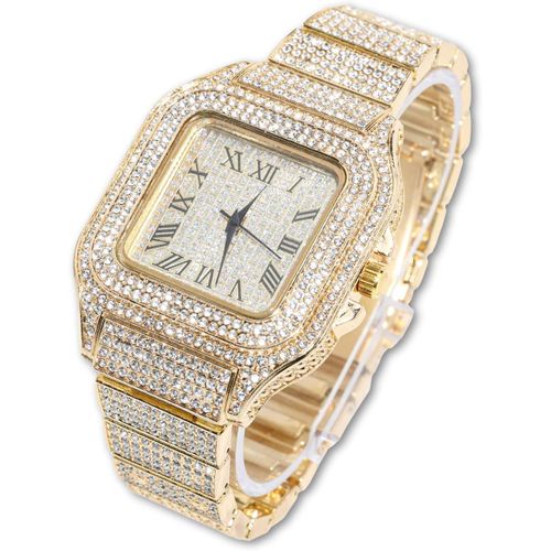 Eryi-Diamants Montre En Or Iced Out, Hommes Plaqué Or Réel 18k/Or Blanc Platine Quartz Bracelet 24cm Cadran Carré, Avec Chaîne De Tennis Collier Et Bracelet Options, Livrée Avec Boîte Cadeau