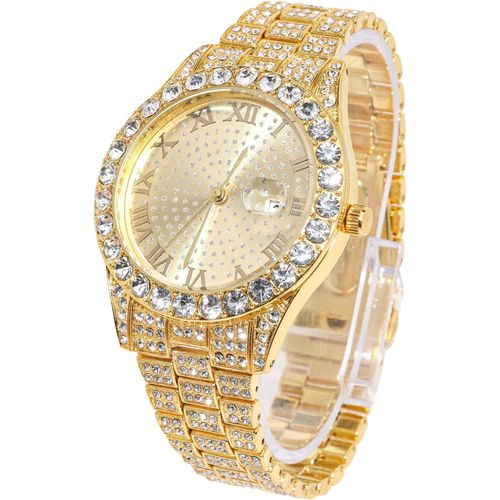 Eryi-Diamants Montre En Or Pour Hommes,Plaqué Or Réel 18k/Or Blanc Platine Quartz Bracelet 24cm Cadran Rond,Avec Diamant En Grappe Chaîne De Tennis Collier Et Bracelet Options,Avec Boîte Cadeau