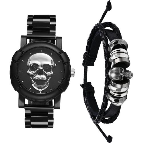 Eryi-Montre Homme Acier Inoxydable: Ensemble Bracelet Cuir Tressé Et Montre Bracelet Acier Cadran Crâne Tête De Mort Gothique Punk Analogique Quartz - Cadeau Halloween Et Accessoire Gothique