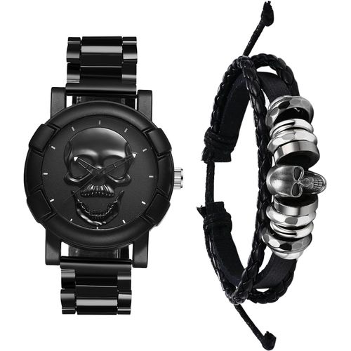 Eryi-Montre Homme Acier Inoxydable: Ensemble Bracelet Cuir Tressé Et Montre Bracelet Acier Cadran Crâne Tête De Mort Gothique Punk Analogique Quartz - Cadeau Halloween Et Accessoire Gothique