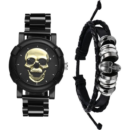 Eryi-Montre Homme Acier Inoxydable: Ensemble Bracelet Cuir Tressé Et Montre Bracelet Acier Cadran Crâne Tête De Mort Gothique Punk Analogique Quartz - Cadeau Halloween Et Accessoire Gothique