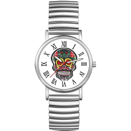 Eryi-Montre Extensible Acier Inoxydable: Montre Bracelet Homme Femme Élastique Cadran Crâne Tête De Mort Analogique Quartz Avec Chiffres Romains Vintage - Cadeau Et Accessoires Halloween