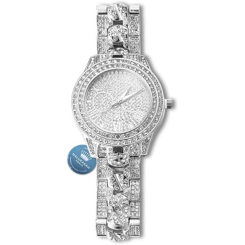 Eryi-Montre En Or Avec Diamants Iced Out,Homme Chaîne Cubaine Plaquée Or Véritable 18 Carats/Plaquée Or Blanc Platine Quartz 24cm,Avec Chaîne Cubaine Bracelet 20cm + Collier 45cm