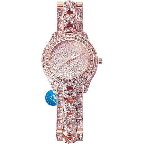 Eryi-Montre En Or Avec Diamants Iced Out,Homme Chaîne Cubaine Plaquée Or Véritable 18 Carats/Plaquée Or Blanc Platine Quartz 24cm,Avec Chaîne Cubaine Bracelet 20cm + Collier 45cm