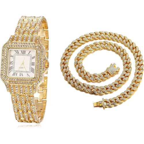 Eryi-Diamants Montre En Or,Homme Or Véritable 18k/Or Rose/Plaqué Platine Or Blanc 33mm Largeur Cadran Carré Quartz 20cm Avec Chaîne Cubains Bracelet Collier,Boîte Cadeau Gratuite