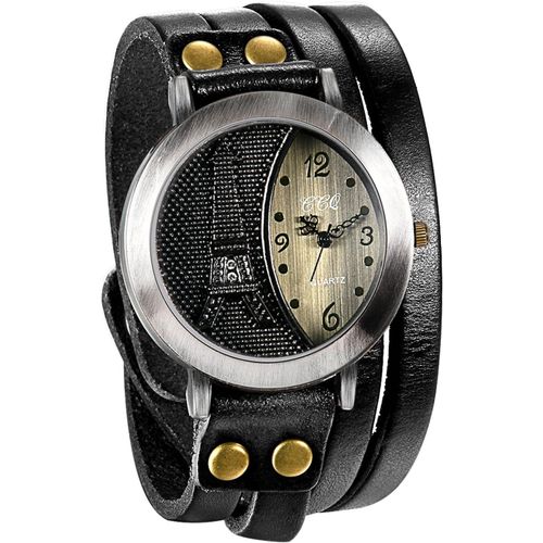 Eryi-Montre Quartz Rétro Tour D¿Eiffel Plaqué Faux Diamant Digital Cadran Mutil-Rang Bracelet Fantaisie Bracelet Cuir Alliage Pour Homme Et Femme Couleur Noir