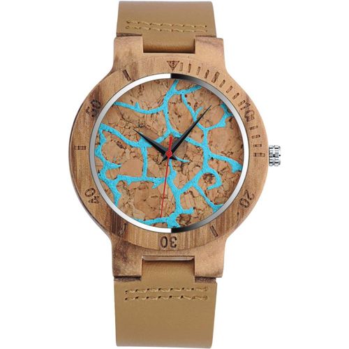 Eryi-Montre En Bois Original Homme, Avec Sangle En Cuir Pleine, Le Bois De Bambou Montre Bracelet, Montre À Quartz Avec Motif De Feuille, Marron Et Noir