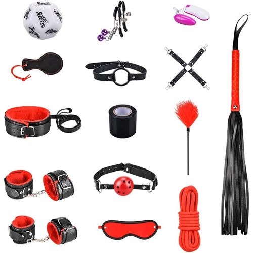 Eryi-Kit Bdsm 15pcs Set De Jouets Sexuels Pour Couple Set De Contrainte Pour Accessoires Sexuels Set De Bondage Ajustable Jeux Adultes Pour Couples (Noir Et Rouge)