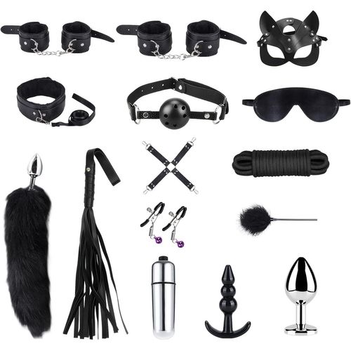 Eryi-Kits De Contention Pour Le Sexe Sm 15pcs Ensemble De Bondage Ajustable Jeux D'adultes Pour Couples Ensemble De Contention Avec Plug Anal Foxtail Menottes Pour Débutants Expérimentés (Noir)