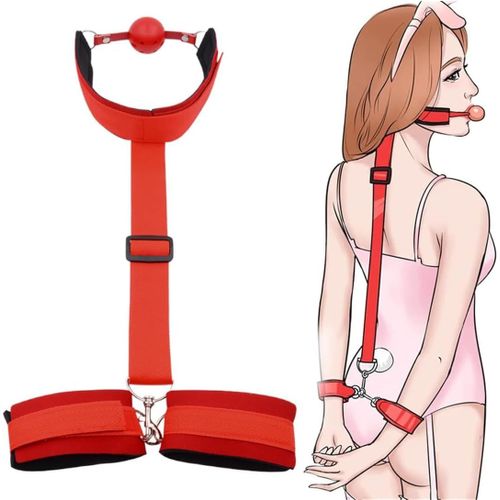 Eryi-Ensemble De Menottes Bandage Sexy Adulte Jeu Jouets Sexuels Bracelet Collier Tour De Cou Sm Jouet Érotique Sexy Pour Couples Bdsm Mouth Gag Ball Fetish Sex Toy,Kit De Bondage Jouets Sexuels,Roug