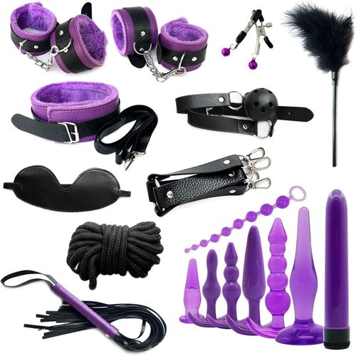 Eryi-Bdsm Menottes Sex Bondage Set 18 Pièces,Menottes Sex Analplug Anal Dildo,Choker Masque Pour Les Yeux Fouet Pinces À Tétons Bâillon,Sm Jouets Sexuels Pour Couples Extrêmes