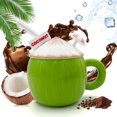 Eryi-Tasse Avec Couvercle Et Paille ¿ Tasses Amusantes À Café À La Noix De Coco - Tasse À Thé Amusante En Céramique - Tasse D'apprentissage - Tasse À Café En Porcelaine - Cadeau Pour Femme - Petite A