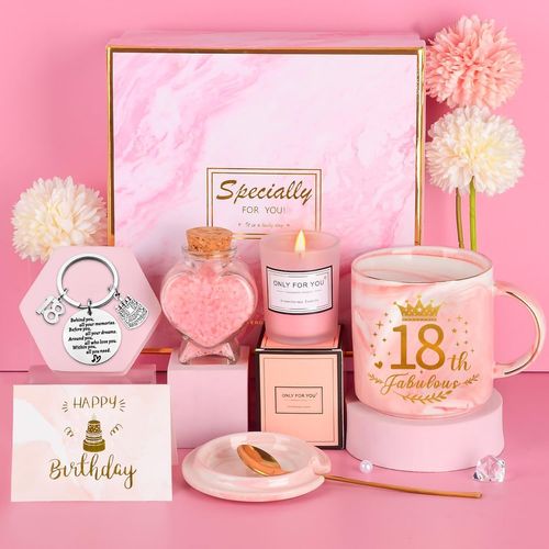 Eryi-Idée Cadeau Fille 18 Ans, Cadeau Anniversaire, Tasse À Café, Aromathérapie, Sels De Bain, Porte-Clés, Carte De Voeux, Coffret Cadeau, Cadeaux Pour Amie, S?ur (Rose, 18th)