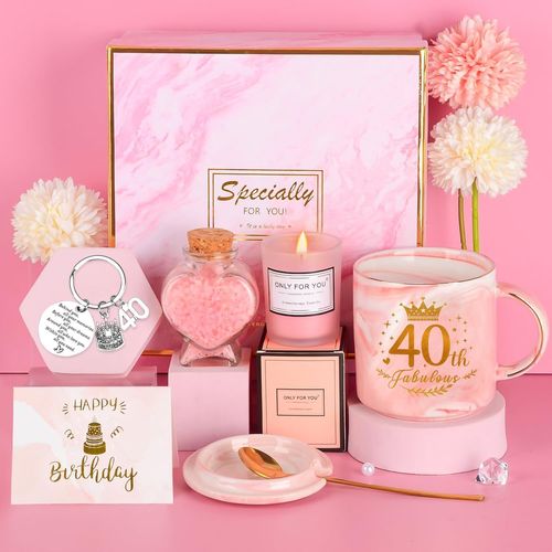 Eryi-Idée Cadeau Fille 40 Ans, Cadeau Anniversaire, Tasse À Café, Aromathérapie, Sels De Bain, Porte-Clés, Carte De Voeux, Coffret Cadeau, Cadeaux Pour Amie, S?ur (Rose, 40th)