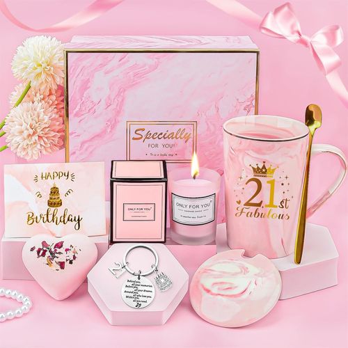 ERYI-Cadeau Anniversaire Fille 21 Ans, Idee Cadeau Anniversaire Ensemble, Tasse À Café, Aromathérapie, Boule De Sel De Bain, Porteclés, Coffret Pour 21 Ans Fille, Meilleure Amie, S?ur