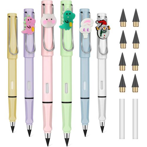 Eryi-Crayon Sans Encre, 6pcs Stylo Sans Encre Réutilisable, Crayon Infini Dessin Animé, Crayons Éternel Remplaçable Avec 2 Gommes Et 8 Plumes Pour L'écriture Dessin Étudiants Bureau Domicile