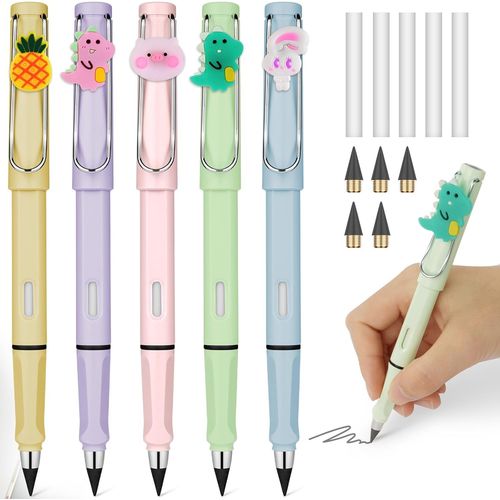 Eryi-Crayon Sans Encre, 5pcs Stylo Sans Encre Réutilisable, Crayon Infini Portable, Crayons Éternel Remplaçable Avec 5 Gommes Et 5 Plumes Pour L'écriture Dessin Étudiants Bureau Domicile Fournitures