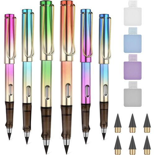 Eryi-Crayon Sans Encre, 6pcs Stylo Sans Encre Réutilisable, Crayon Infini Portable, Crayons Éternel Remplaçable Avec 2 Porte Stylos Autocollants Et 6 Plumes Pour L'écriture Étudiants Bureau Domicile